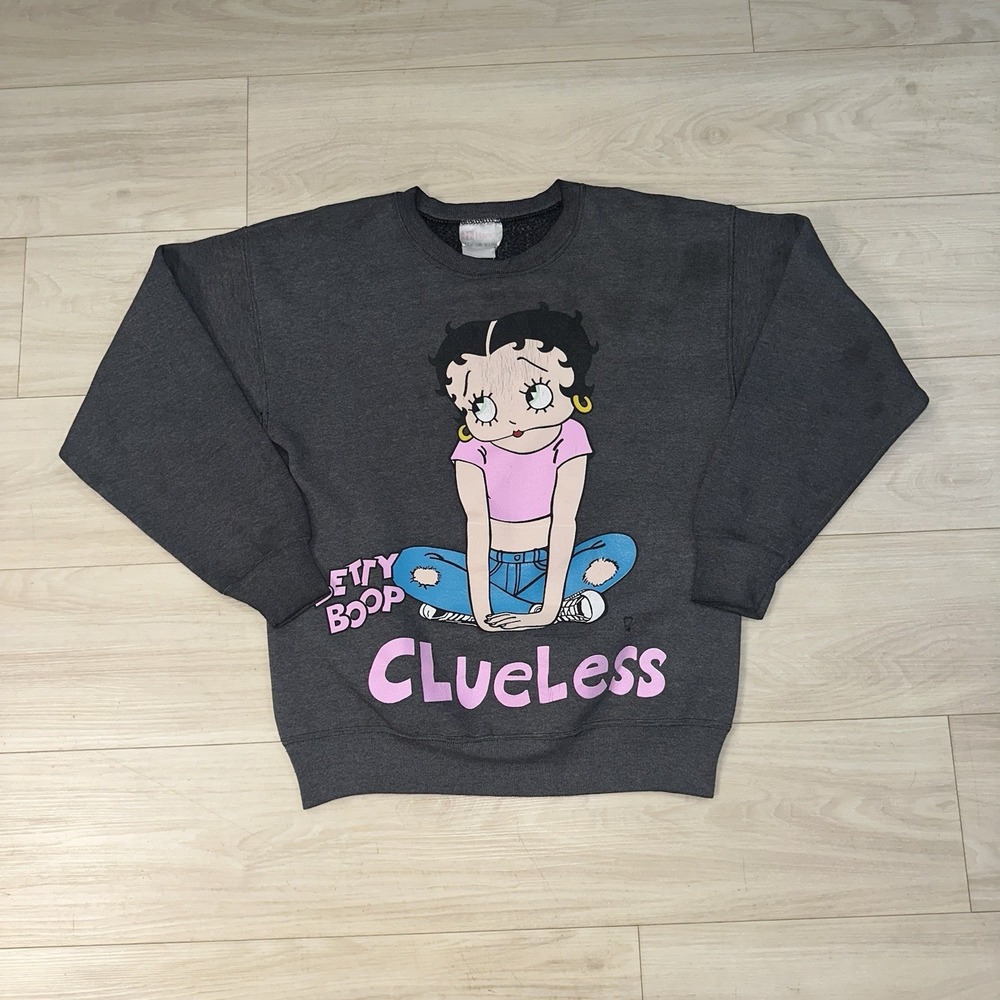 Vintage‎ Betty Boop Clueless Crewneck Sweatshirt Size Large Gray Retro Girly 90s